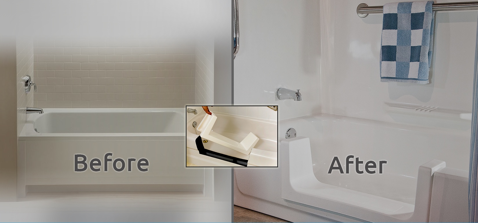 Existing bathtub before and after conversion to a low walk-in step